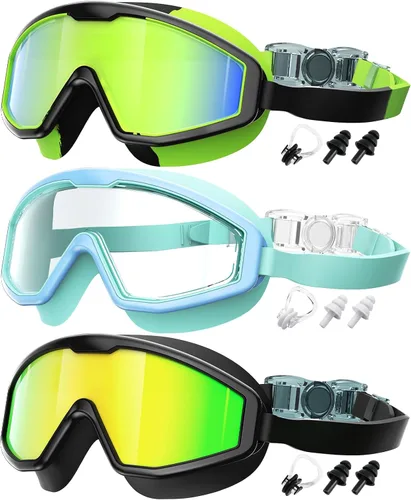 Gafas de natación para niños, gafas de natación para niños, 3 unidades de gafas de natación de agua para niños y niñas, antivaho UV400 Negro dorado