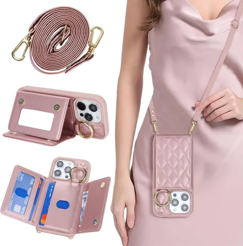 Miniatura 34 de Funda para iPhone 14 Plus con tarjetero y correa para mujer, cordón cruzado, espejo de maquillaje, soporte de anillo, cierre a presión, bonitas Rosa