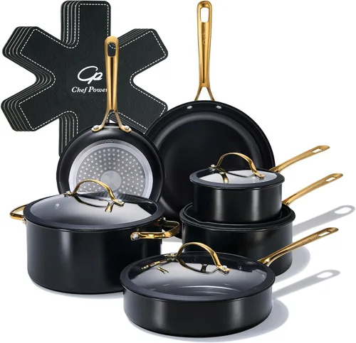 Miniatura 11 de Chef Power Juego de utensilios de cocina de cerámica, 10 ollas y sartenes antiadherentes, juego de utensilios de cocina con mango de acero