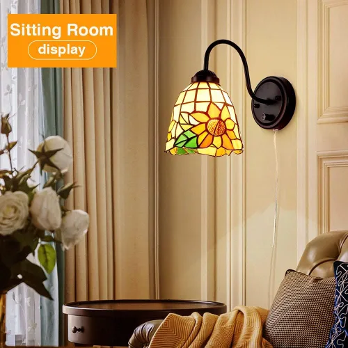 Miniatura 6 de Tiffany - Lámpara de pared para mesita de noche con interruptor regulable, aplique de pared de cuello de cisne vintage industrial con cable