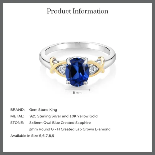 Miniatura 4 de Gem Stone King Anillo de oro amarillo de 10 quilates de 2 tonos y plata de ley 925 con zafiro creado en azul y diamantes cultivados en laboratorio