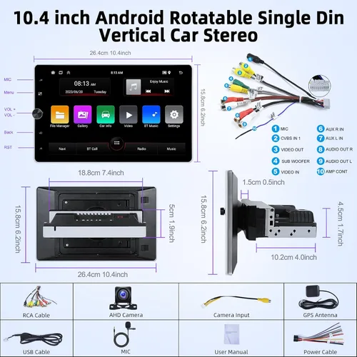 Miniatura 7 de [2G+64G] Android 13 giratorio único DIN vertical coche estéreo 10.4 pulgadas pantalla táctil Radio unidad con Carplay inalámbrico y Android Auto/EQ