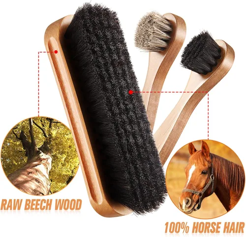 Miniatura 2 de Kit de 4 cepillos para zapatos de pelo de caballo, aplicadores de limpieza de piel, botas, cepillos de cuidado de gamuza con paño de microfibra