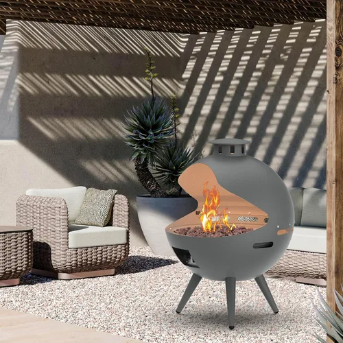 Miniatura 2 de Chimenea de gas exterior de 24 pulgadas, fogata de propano de 55,000 BTU con rocas de lava y cubierta de lluvia, hoguera semiesférica de 3 patas