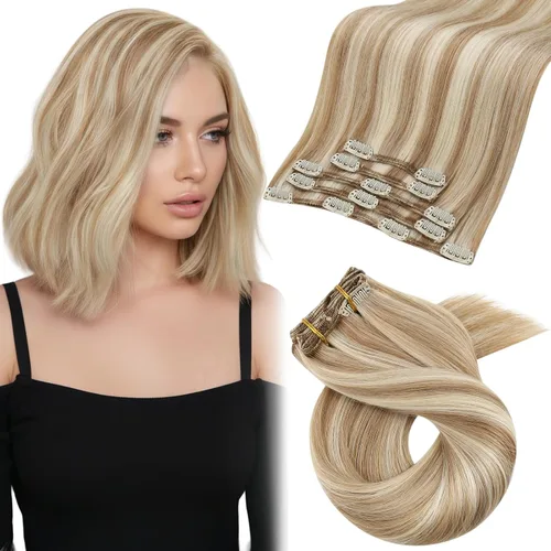 Miniatura 47 de Moresoo Extensiones de cabello humano Remy con clip, color rubio platino, extensiones de cabello humano real de doble trama, color rubio #60, 18