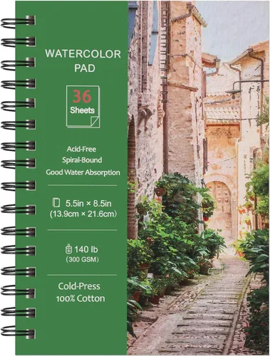 Prudiut 36 hojas de papel de acuarela de 5.5 x 8.5 pulgadas, 140 lb/300 GSM, papel de acuarela de color de agua de prensa en frío, cuaderno de