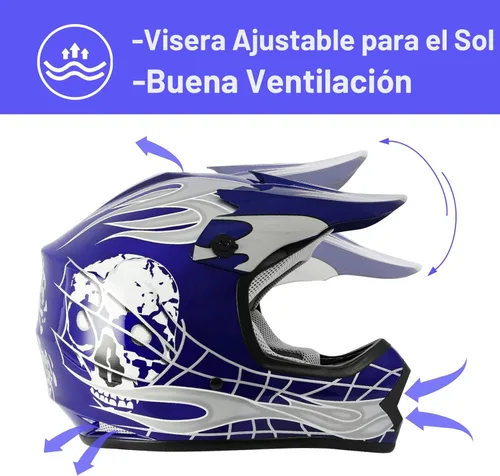 Miniatura 2 de XFMT - Juego de casco DOT con gafas y guantes para motocross, cuatrimoto y vehículos todoterreno para niños y jóvenes, diseño de calavera azul