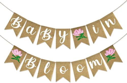 Anwyll Bandera de bebé en flor - Sin bricolaje Bandera de decoración para baby shower Letrero de arpillera Rosa Flores Bebés en flor Banderas