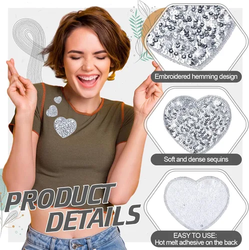 Miniatura 3 de Daifunli 24 parches para planchar con corazón de lentejuelas en 4 tamaños, parches decorativos bordados brillantes para ropa, bolsas, chaquetas