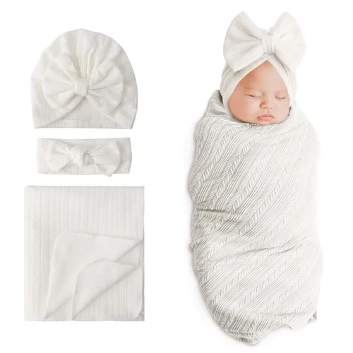 Miniatura 22 de DRESHOW BQUBO Manta de recepción para recién nacido, cálida para niñas con sombrero de lazo y diadema de lazo, regalo para baby shower 1 juego