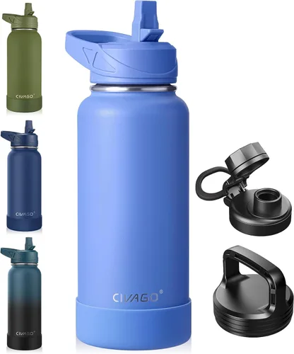 Miniatura 24 de CIVAGO Botella de agua aislada de 22 onzas con pajita, frasco de agua deportiva de acero inoxidable con 3 tapas