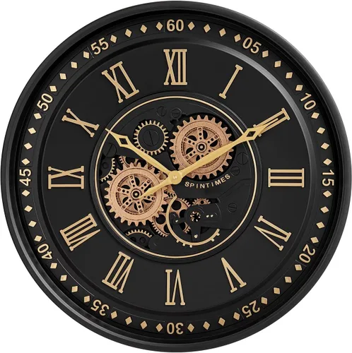 Miniatura 2 de CLXEAST Reloj de pared de 24 pulgadas con engranajes en movimiento, relojes de pared dorados negros con números romanos para decoración moderna
