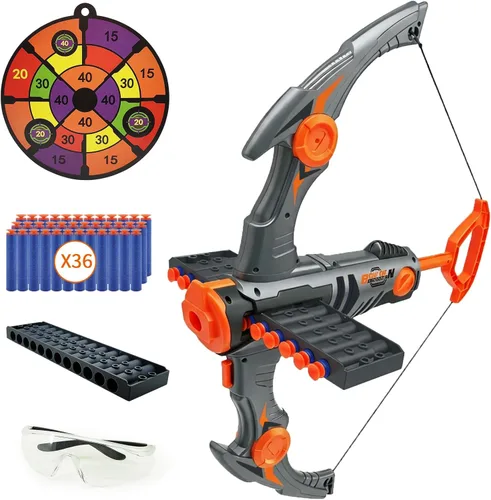 Miniatura 7 de Arco y flecha de juguete para balas de pistola Nerf, juego de tiro con bala de espuma de 12 dardos con 36 dardos de espuma, 1 gafas y objetivo, Azul