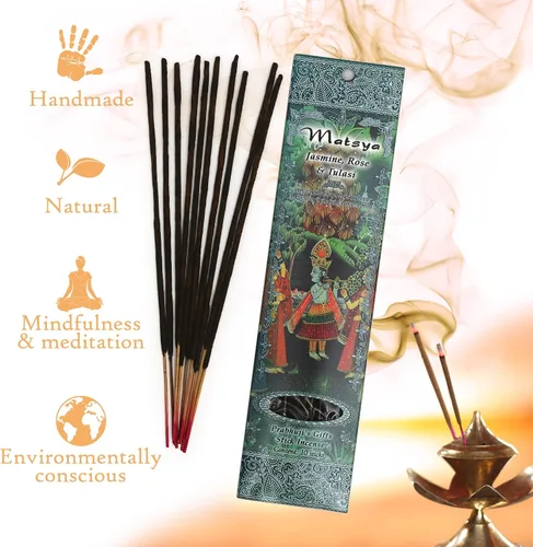 Miniatura 3 de Prabhuji's Gifts Matsya - Varillas de incienso espiritual enrolladas a mano de la India, varillas aromáticas, para meditación, yoga, relajación e