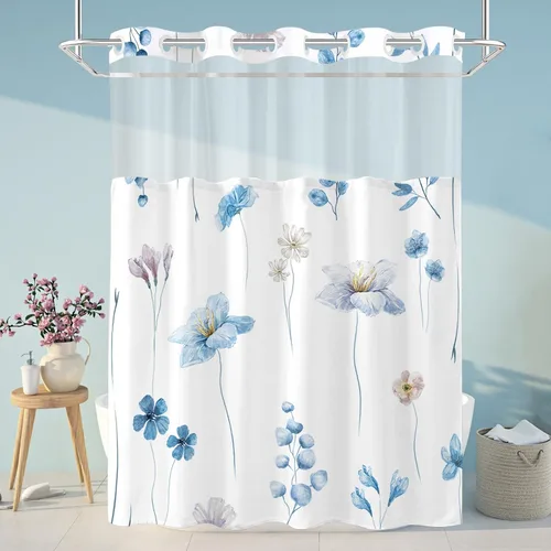 Juego de cortina de ducha sin gancho y forro, cortinas de ducha florales azules de acuarela para baño, juegos de cortinas de baño de hotel moderno