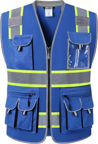 Miniatura 8 de JKSafety Chaleco de seguridad con 10 bolsillos, clase 2, de alta visibilidad, con cremallera frontal amarilla, con tiras reflectantes, cumple