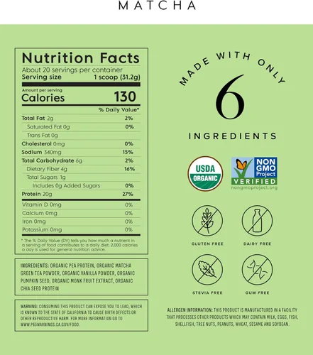 Miniatura 2 de Truvani Proteína en Polvo de Guisante Vegana Matcha 20 g de Proteína Orgánica a Base de Plantas 20 Porciones Keto Sin Gluten y Lácteos
