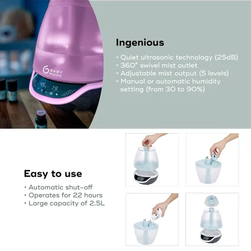 Miniatura 4 de Babymoov Hygro Plus Humidificador de niebla fría 3 en 1, control de humedad, luz nocturna multicolor y difusor de aceites esenciales, fácil uso