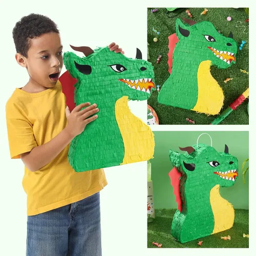 Miniatura 3 de WERNNSAI - Piñata de dragón, paquete de suministros para fiesta de dinosaurios que incluye venta y palo. Ideal como juego y decoración en fiestas