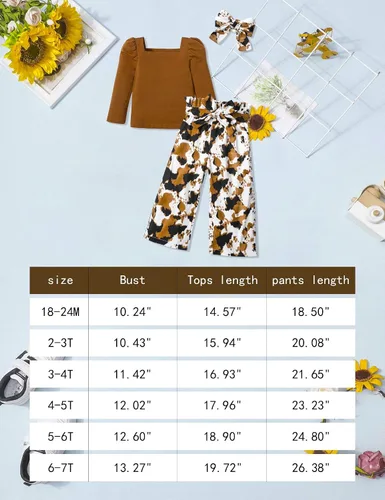 Miniatura 7 de Conjunto de 3 piezas de ropa para niña pequeña, cuello cuadrado, manga larga abombada, pantalones a rayas + diadema
