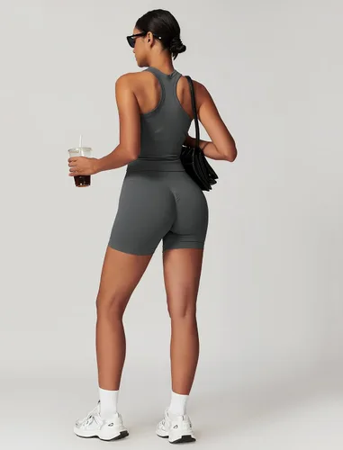 Miniatura 22 de Conjuntos de entrenamiento para mujer, 2 piezas, sin costuras, acanalada, sin mangas, brasier deportivo, cintura alta, pantalones cortos