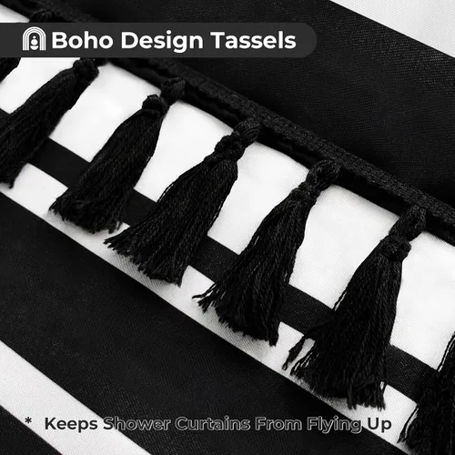 Miniatura 5 de Seasonwood Cortina de ducha negra a rayas blancas de tela moderna con borlas negras, cortinas de ducha bohemias para decoración de baño