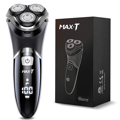 MAX-T - Afeitadora eléctrica recargable rápida para hombres, afeitadora giratoria en seco y húmedo con recortador desplegable y pantalla LED, IPX7