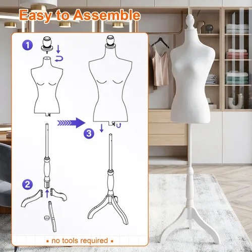 Miniatura 6 de Maniquí de maniquí femenino con soporte de trípode de madera, 50-63 pulgadas para mujer, altura del cuerpo ajustable para costura, ropa, joyería