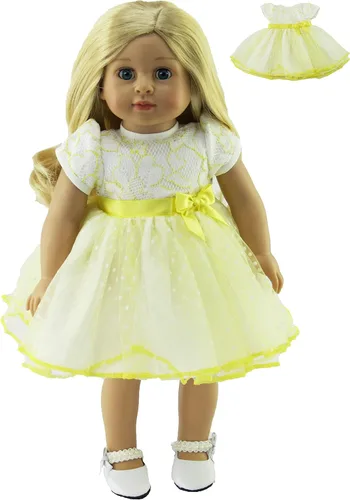 American Fashion World Vestido de lunares de encaje blanco y amarillo para muñecas de 18 pulgadas | Calidad premium y diseño moderno | Ropa de