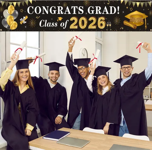 Miniatura 3 de Decoraciones de graduación 2026 Congrats Grad Class of 2026 - Cartel de graduación negro y dorado para patio, decoraciones colgantes para interiores