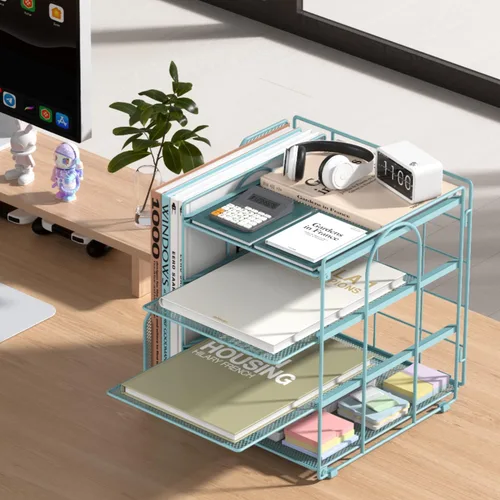 Miniatura 2 de Organizador de archivos de escritorio azul y accesorios, organizador de papel de 4 niveles con soporte para archivos vertical, accesorios de Azul