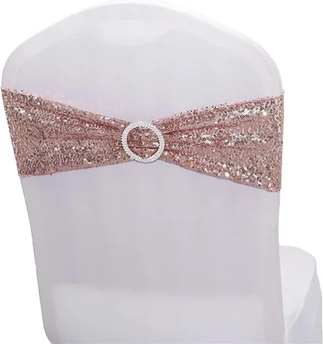 Fajas de lentejuelas para sillas de elastano, paquete de 6 bandas elásticas de lentejuelas con hebilla para bodas, banquetes, cumpleaños, Oro rosa