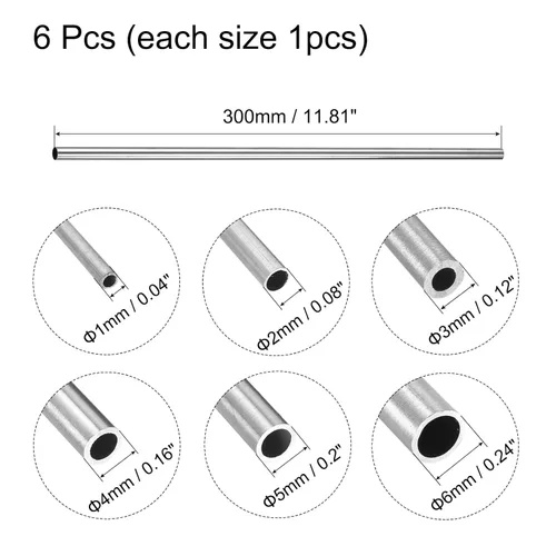 Miniatura 2 de uxcell Tubo de Acero Inoxidable 304, 1mm 2mm 3mm 4mm 5mm 6mm de diámetro exterior, espesor de pared de 0.15mm/0.6mm, longitud de 300mm, paquete de 6