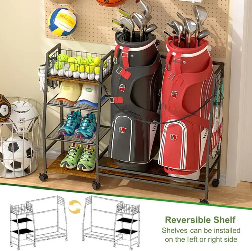 Miniatura 2 de DAOUTIME Estante de almacenamiento para bolsas de golf para garaje con ruedas, organizador para bolsa de golf y accesorios de equipo, soporte