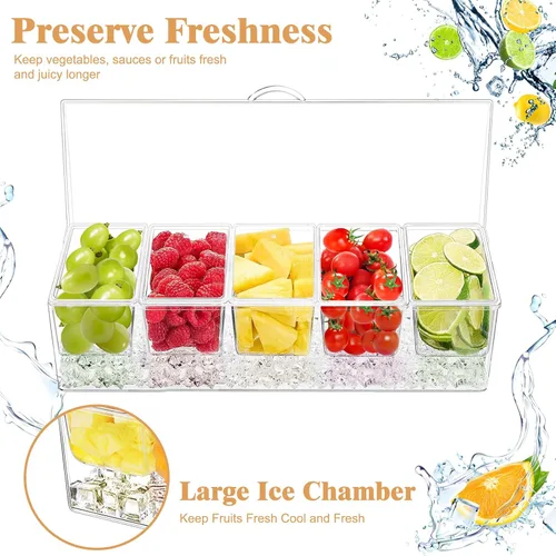 Miniatura 4 de Servidor de condimentos de 5 compartimentos, recipientes de condimentos enfriados con hielo, bandeja transparente para servir condimentos sobre