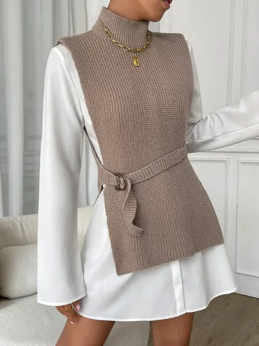 Miniatura 3 de SweatyRocks Chaleco de punto elegante de cuello alto sin mangas para mujer, con cinturón lateral dividido