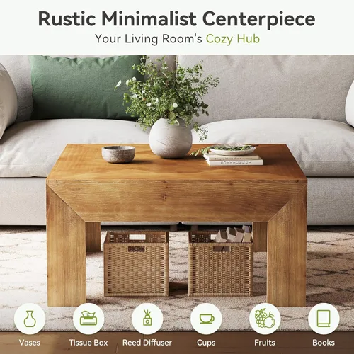 Miniatura 12 de LITTLE TREE Mesa de centro de madera maciza de 39.4 pulgadas, mesa de centro cuadrada con parte superior incrustada intrincada y patas resistentes