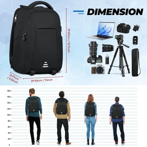 Miniatura 7 de RAINSMORE Mochila para cámara DSLR SLR sin espejo, compartimento profesional para laptop de 14 pulgadas, bolsa impermeable para fotografía