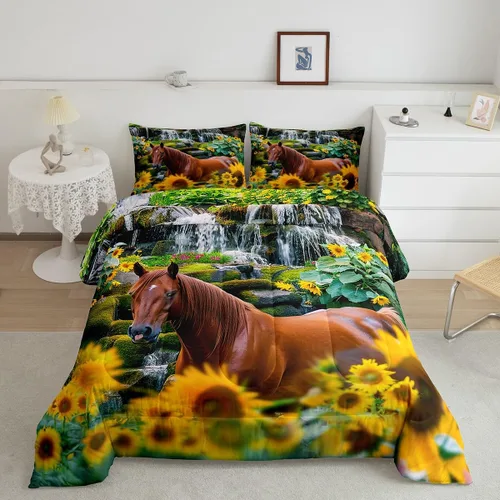 Miniatura 17 de Feelyou Juego de edredón tamaño individual con diseño de caballo y cerezo en flor de galope para niños, adolescentes, edredón occidental, decoración