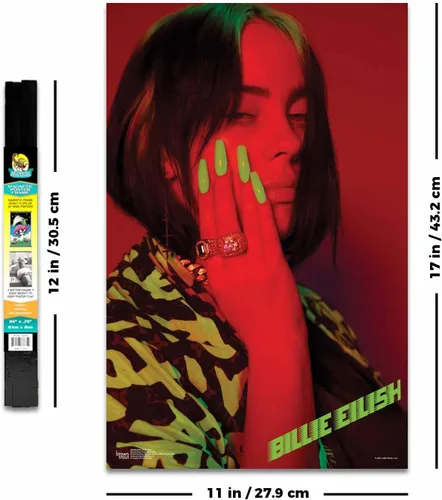 Miniatura 4 de Scorpio Posters Billie Eilish - Rojo - Licencia oficial - Mini póster - 11 x 17 pulgadas - con soporte para póster de madera negra