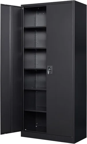 Miniatura 26 de MIIIKO Armario de almacenamiento de garaje negro con puertas y 5 estantes, almacenamiento de herramientas de acero de 71 pulgadas de alto, gabinete