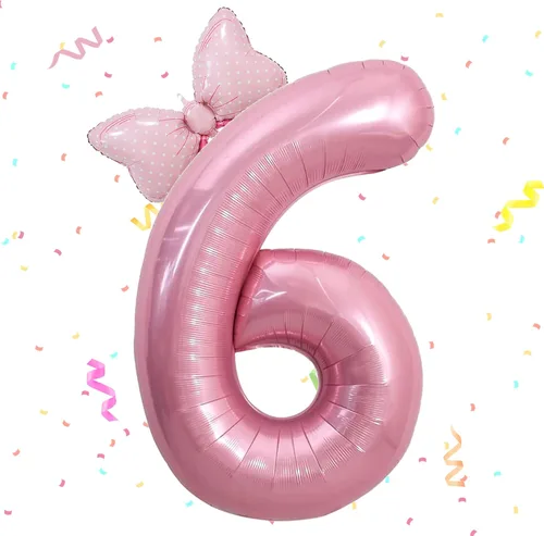 HIBILDER 2 globos rosados del número 6 y mini lazo, decoraciones de fiesta de cumpleaños de 40 pulgadas, suministros de fiesta de sexto para niñas,
