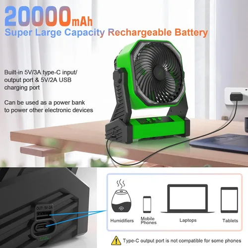Miniatura 3 de Gewanolla Ventilador recargable portátil con luz LED, ventilador de campamento con batería de 20000 mAh con gancho, pivote de 270°, 4 velocidades