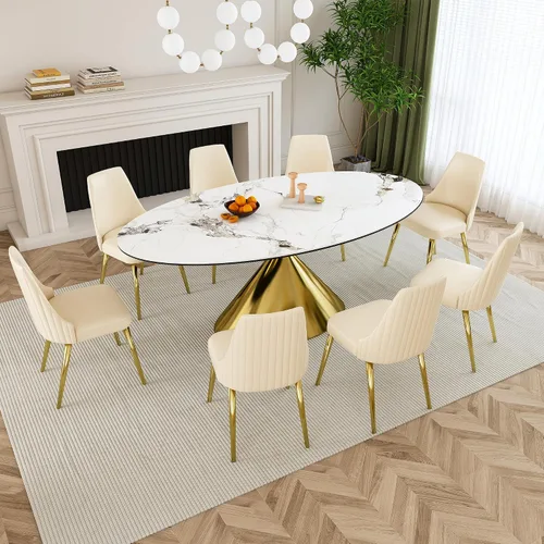 Miniatura 11 de Mesa de comedor redonda, mesa de comedor de piedra sinterizada blanca, base moderna de acero inoxidable sólido