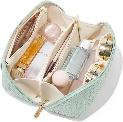 Miniatura 21 de Bolsa de cosméticos de viaje de gran capacidad - Bolsas de maquillaje portátiles para mujeres, impermeable, de cuero PU a cuadros, con organizador