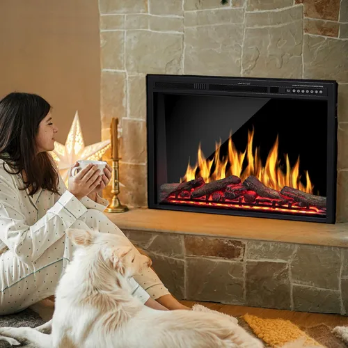 Miniatura 9 de Inserto de chimenea eléctrica de 34 pulgadas, llama intercambiable ajustable y colores de troncos, velocidad y brillo de llama variables, control
