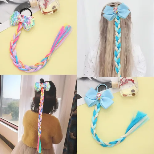 Miniatura 6 de 6 extensiones de cabello de trenzas de colores para niñas con bandas de goma, extensiones trenzadas de arco iris, lazos para el cabello, peluca