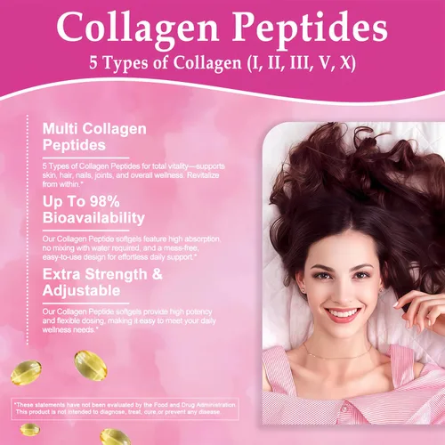 Miniatura 4 de Cápsulas blandas de péptidos de colágeno múltiples, péptidos de colágeno hidrolizados para mujeres y hombres con ácido hialurónico de vitamina C