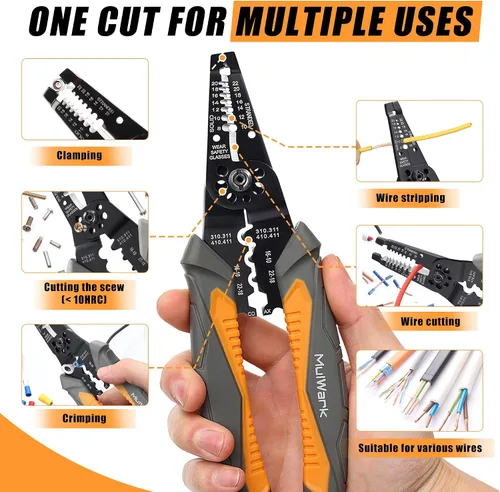 Miniatura 2 de MulWark Pelacables automático autoajustable 3 en 1, cortador/engarzador, alicates múltiples de 8 pulgadas para pelar cables eléctricos, corte