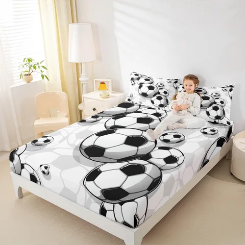 Miniatura 6 de Juego de ropa de cama de fútbol para niños, sábanas bajeras de fútbol para niños, niñas, adolescentes, juego de ropa de cama de fútbol dibujado a